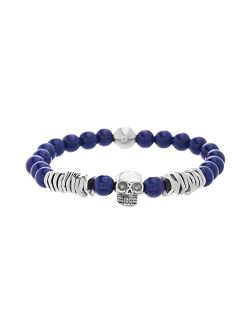 Men's Blue Bead and Discs with Skull Design Stretch Bracelet in Stainless Steel