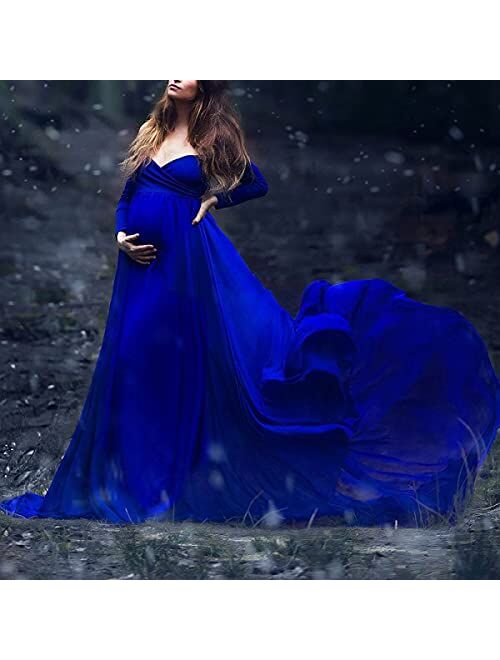 Tianzhihe Off Shoulder Maternity Dresses for Photoshoot Chiffon Maternity Gown Pregnancy Baby Shower Photo Props Dress