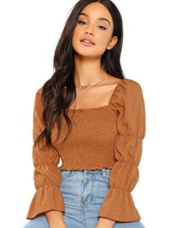 Women's Square Neck Puff Sleeve Shirred Blouse Crop Top