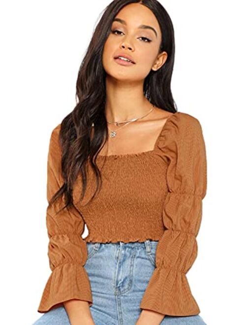 Floerns Women's Square Neck Puff Sleeve Shirred Blouse Crop Top