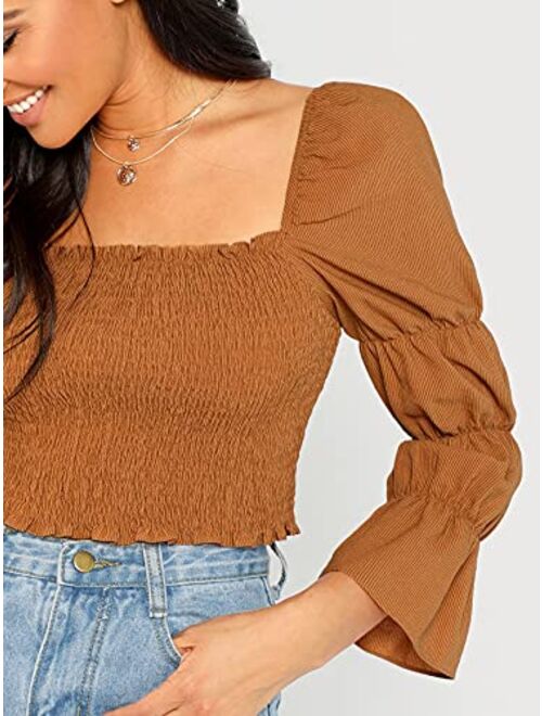 Floerns Women's Square Neck Puff Sleeve Shirred Blouse Crop Top