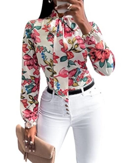 Women's Floral Print Bow Tied Neck Lantern Long Sleeve Blouse Tops