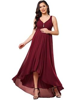 Women's High-Low Sleeveless Crystal V-Neck Chiffon Maternity Evening Party Dress 20798