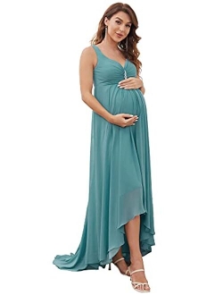 Women's High-Low Sleeveless Crystal V-Neck Chiffon Maternity Evening Party Dress 20798