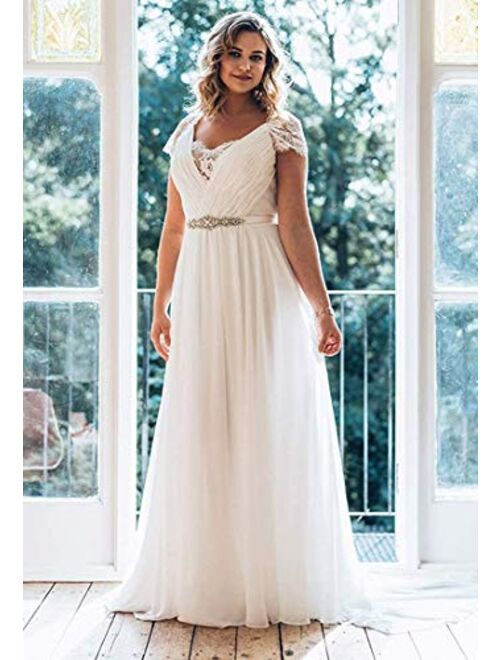 Tianzhihe Lace Chiffon Long Wedding Dress for Bride Short Sleeves Plus Size Bridal Gown with Belt