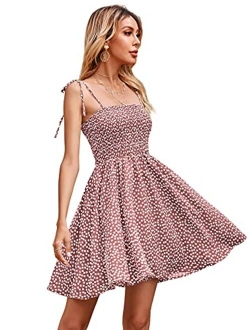 Women's Polka Dot Shirred Flare Mini Dress Tie Shoulder Sleeveless Skater Short Dresses