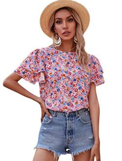 Women's Summer Floral Print Round Neck Short Sleeve Blouse Tops