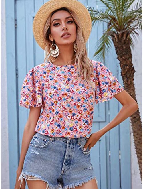 Floerns Women's Summer Floral Print Round Neck Short Sleeve Blouse Tops