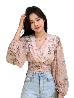 Women's Floral Print Long Sleeve V Neck Ruffle Hem Crop Tops Blouse