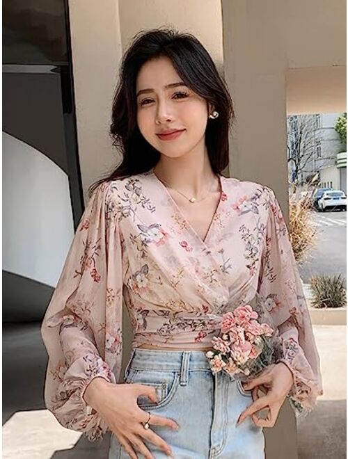 Floerns Women's Floral Print Long Sleeve V Neck Ruffle Hem Crop Tops Blouse