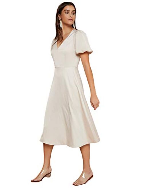 SheIn Women's Elegant V Neck Puff Sleeve High Waist Zip Back A Line Midi Satin Dress