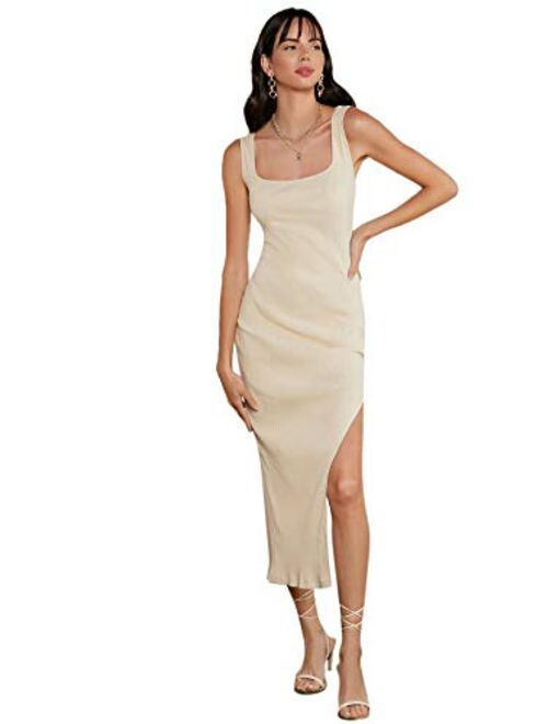 SheIn Women's Split Cut Out Maxi Bodycon Dress Sleeveless Backless V Neck Ribbed Knit Slit Dresses