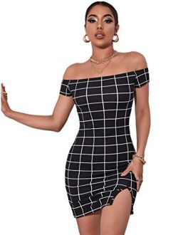 Women's Plaid Off Shoulder Split Mini Bodycon Dress Short Sleeve Pencil Dresses