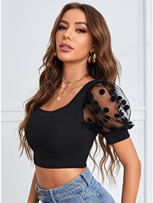 Floerns Women's Contrast Mesh Dots Puff Short Sleeve Square Neck Crop Top