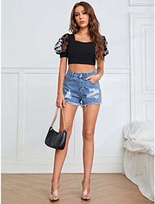 Floerns Women's Contrast Mesh Dots Puff Short Sleeve Square Neck Crop Top