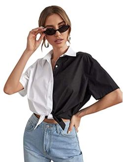 Women's Contrast Short Sleeve Button Down Collar Shirt Blouse Tops
