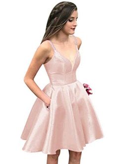 Tianzhihe V Neck Homecoming Dress Junior Short Cocktail Party Prom Gown with Pocket