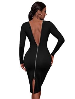 Women's Backless Zip Up Split Midi Bodycon Dress Round Neck Long Sleeve Solid Pencil Dresses