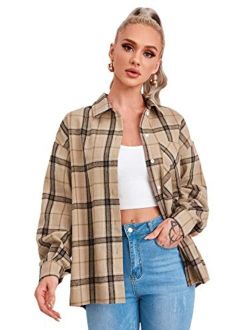 Women's Casual Plaid Long Sleeve Button Front Collar Blouses Shirts Top