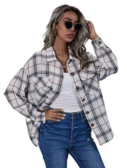 Women's Casual Plaid Long Sleeve Button Front Collar Blouses Shirts Top