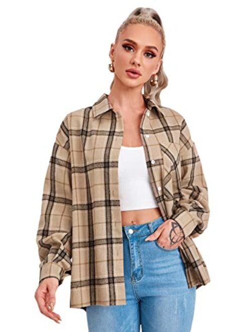 Floerns Women's Casual Plaid Long Sleeve Button Front Collar Blouses Shirts Top