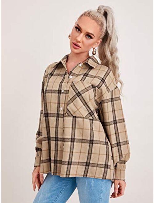 Floerns Women's Casual Plaid Long Sleeve Button Front Collar Blouses Shirts Top