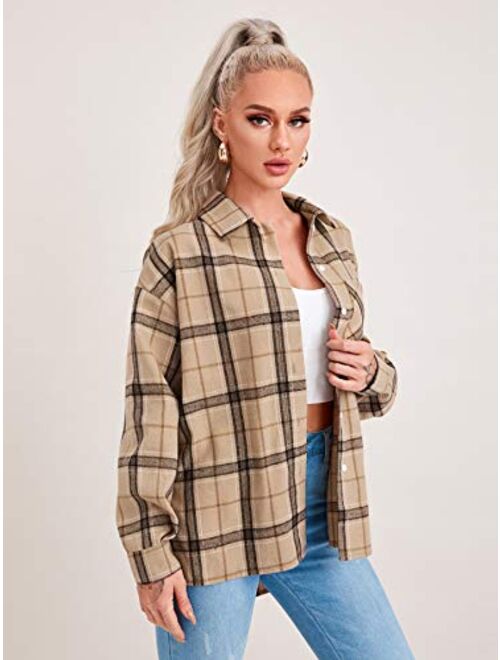 Floerns Women's Casual Plaid Long Sleeve Button Front Collar Blouses Shirts Top
