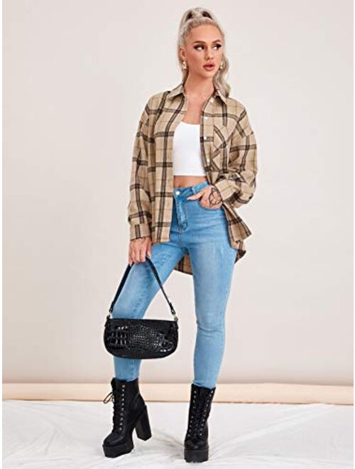 Floerns Women's Casual Plaid Long Sleeve Button Front Collar Blouses Shirts Top