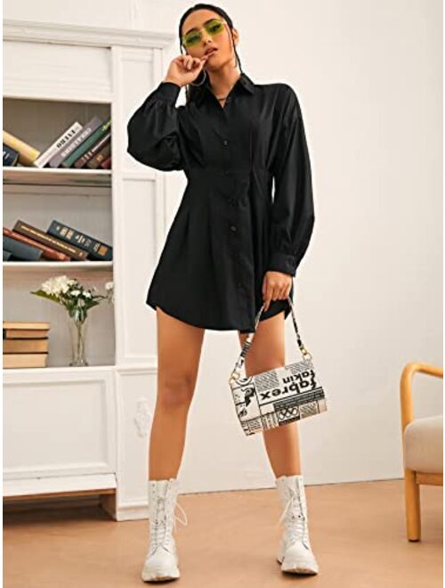 SheIn Women's Pleated Long Sleeve Mini T Shirt Dress Lapel Collar Button Flared Short Dresses