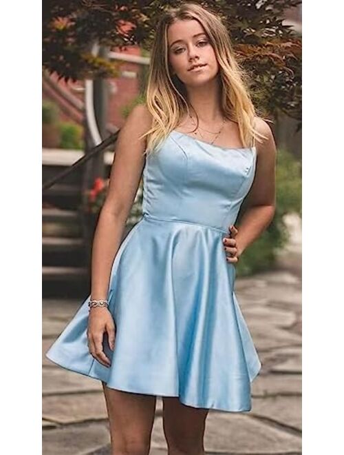 Tianzhihe Short Prom Dresses Satin Double Spaghetti Strap Square Neck Homecoming Dress Formal Gowns with Pockets