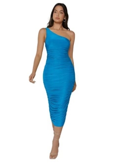 Women's Ruched One Shoulder Backless Bodycon Dress Sleeveless Midi Dresses