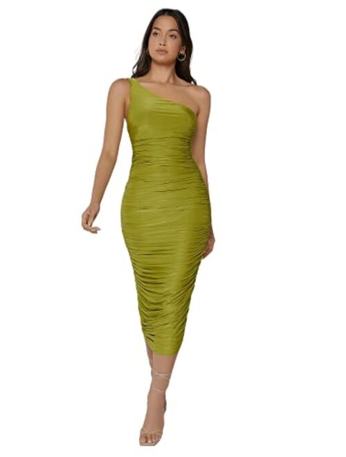 SheIn Women's Ruched One Shoulder Backless Bodycon Dress Sleeveless Midi Dresses
