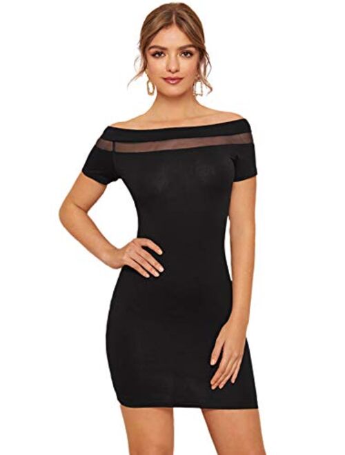 SheIn Women's Off Shoulder Mesh Short Sleeve Bodycon Short Mini Pencil Dress