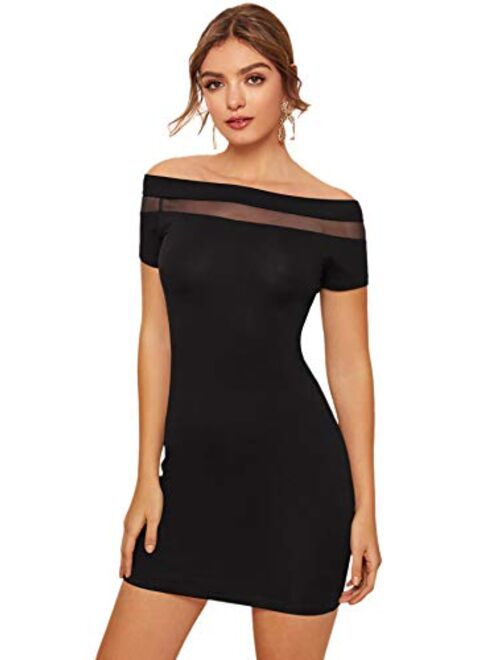 SheIn Women's Off Shoulder Mesh Short Sleeve Bodycon Short Mini Pencil Dress