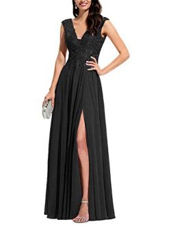 Tianzhihe Lace Applique Bridesmaid Dresses for Women Long Chiffon V Neck Prom Party Gown with Slit