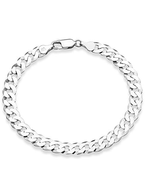 Miabella 925 Sterling Silver Italian 7mm Solid Diamond-Cut Cuban Link Curb Chain Bracelet for Men Women, 7, 7.5, 8, 8.5, 9 Inch Made in Italy