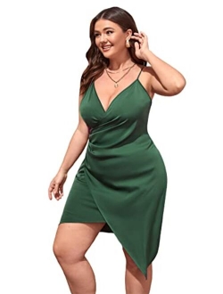 Women's Plus Sexy Wrap Dress Satin V-Neck Spaghetti Strap Sleeveless Bodycon Mini Cami Dresses
