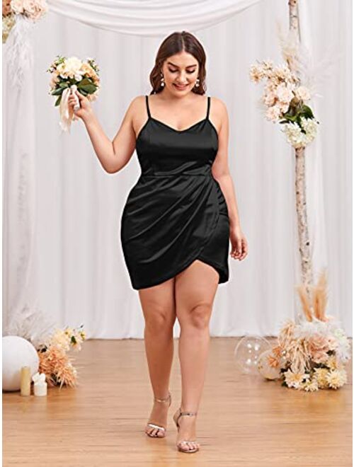 SheIn Women's Plus Sexy Wrap Dress Satin V-Neck Spaghetti Strap Sleeveless Bodycon Mini Cami Dresses