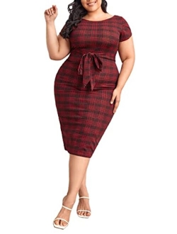Women's Plus Size Elegant Short Cap Sleeve Self Belted Stretchy Bodycon Pencil Dress