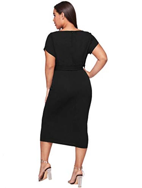 SheIn Women's Plus Size Elegant Short Cap Sleeve Self Belted Stretchy Bodycon Pencil Dress