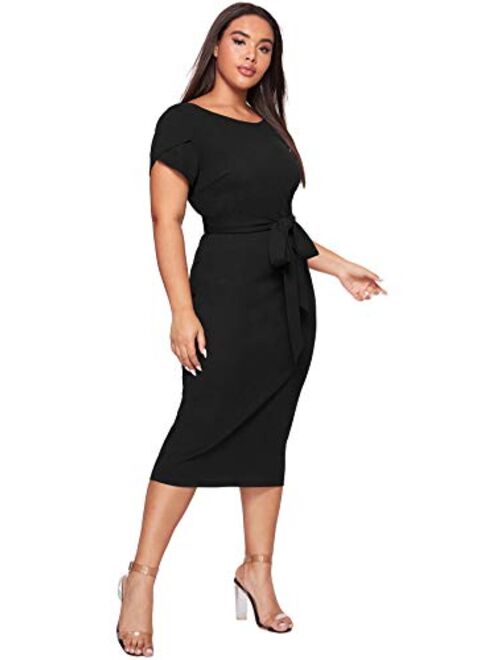 SheIn Women's Plus Size Elegant Short Cap Sleeve Self Belted Stretchy Bodycon Pencil Dress