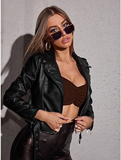 SheIn Women's Faux Leather Moto Jacket Zip-Up Coat Lapel Neck Short Outwear Tops