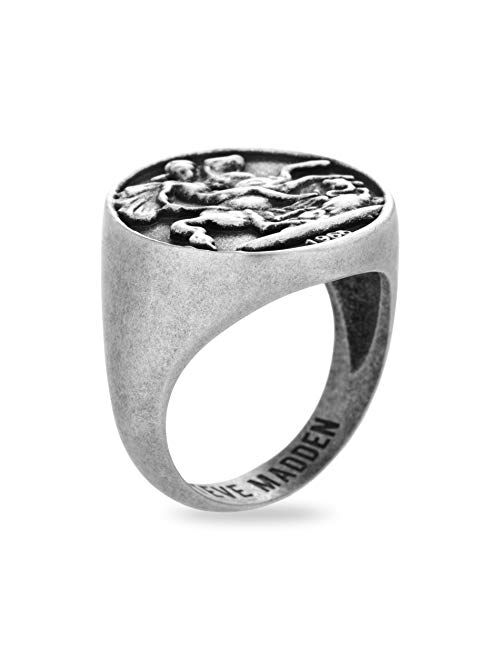 Steve Madden Oxidized Stainless Steel Old Greek Coin Stallion Warrior Ring For Men