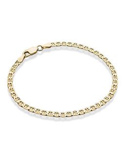 18K Gold Over Sterling Silver Italian 3mm, 4mm Solid Diamond-Cut Mariner Link Chain Bracelet for Men Women, 6.5, 7, 7.5, 8 Inch Made in Italy