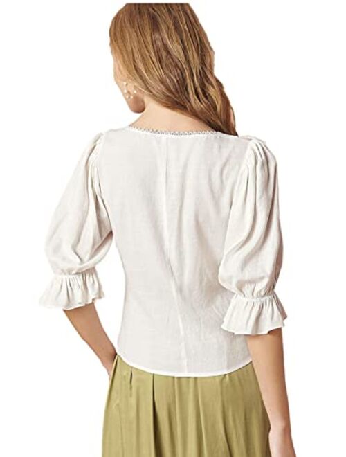 Floerns Women's Square Neck Puff Sleeve Button Lace Elegant Top Blouse