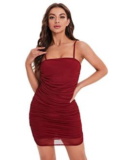 Women's Sexy Sleeveless Spaghetti Strap Ruched Mesh Cami Bodycon Dress