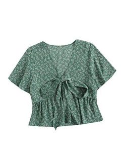 Women's Short Sleeve Tie Front Summer Cute Babydoll Crop Top Shirt Blouse
