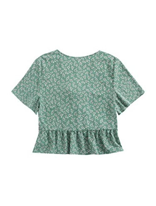 Floerns Women's Short Sleeve Tie Front Summer Cute Babydoll Crop Top Shirt Blouse
