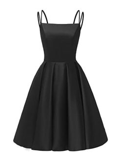 Tianzhihe Open Back Homecoming Dress Short Satin Spaghetti Strap Cocktail Prom Party Gown with Pockets