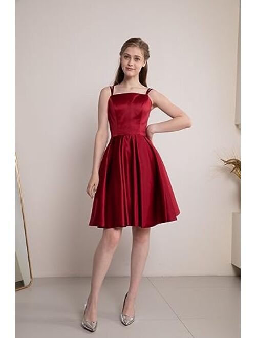 Tianzhihe Short Satin Homecoming Dresses for Teens 2023 Spaghetti Straps Prom Dresses with Pockets Cocktail Party Gowns
